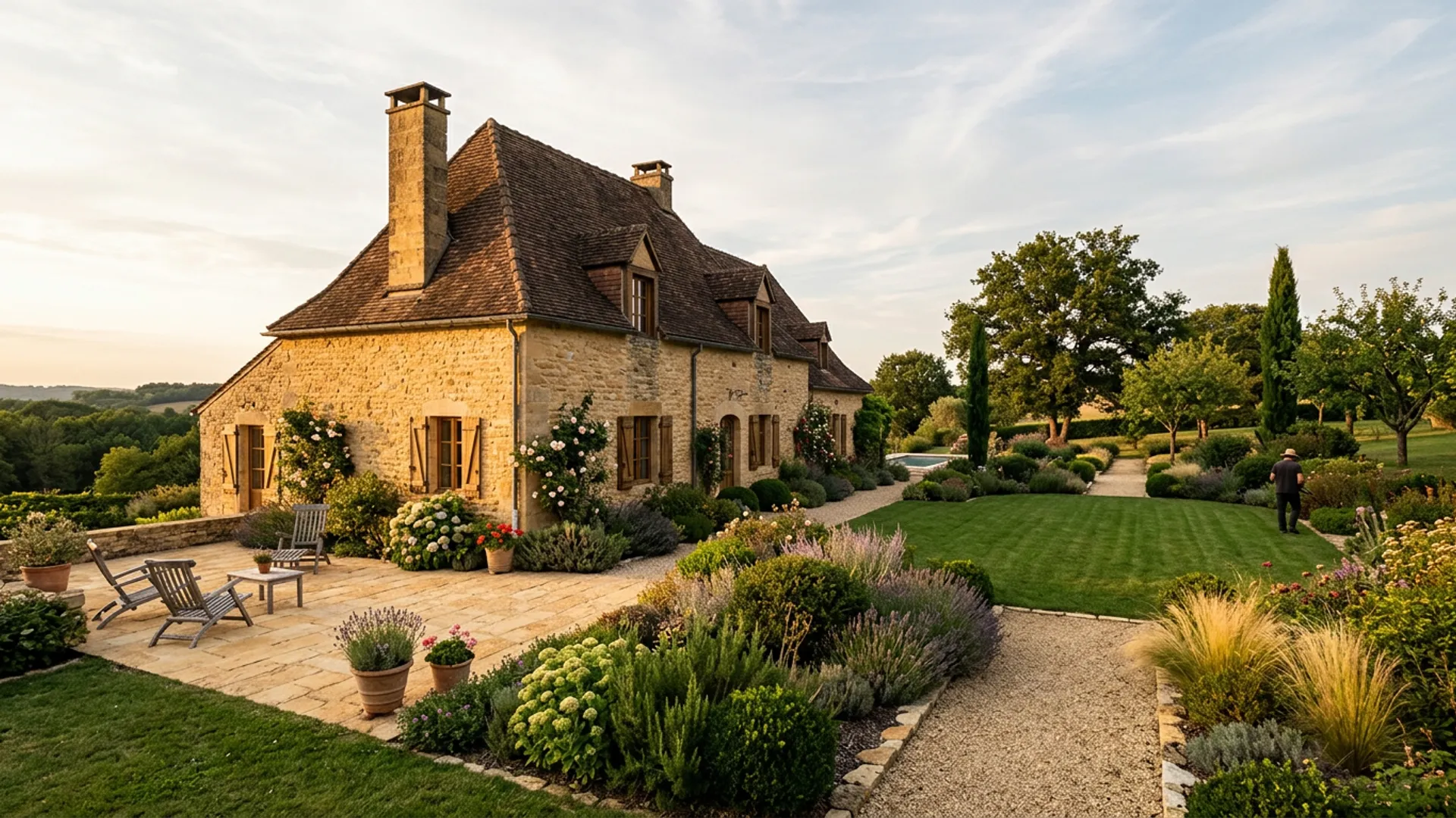 Jardin paysager devant une maison en pierre du Périgord au coucher du soleil