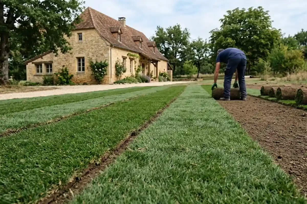 Pose de gazon en rouleau sur sol préparé