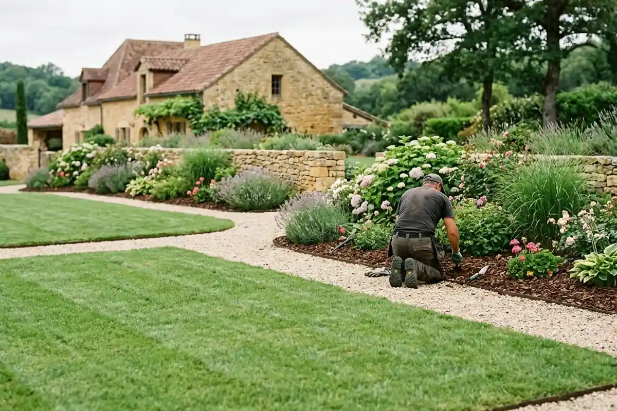 Jardin entretenu, pelouse tondue et massifs soignés
