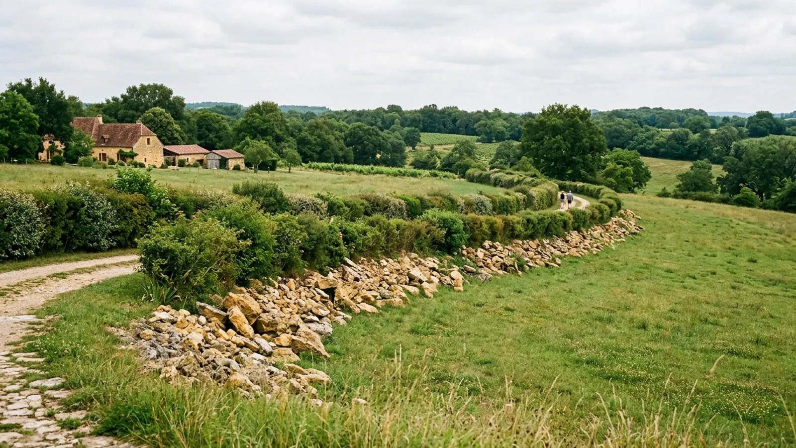 Grand jardin rural avec clôture végétale et talus à Chancelade