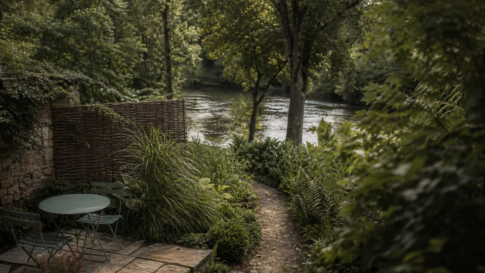 Petit jardin compact en bord de l'Isle à Marsac-sur-l'Isle, végétaux d'humidité